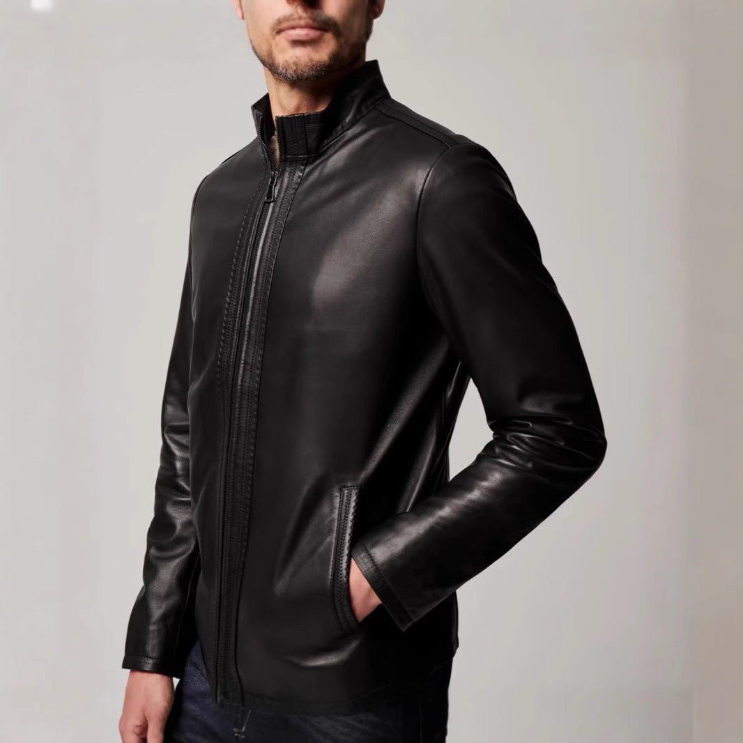 Herren Lederjacke Elegante Ledermantel Hochkragen Schwarz