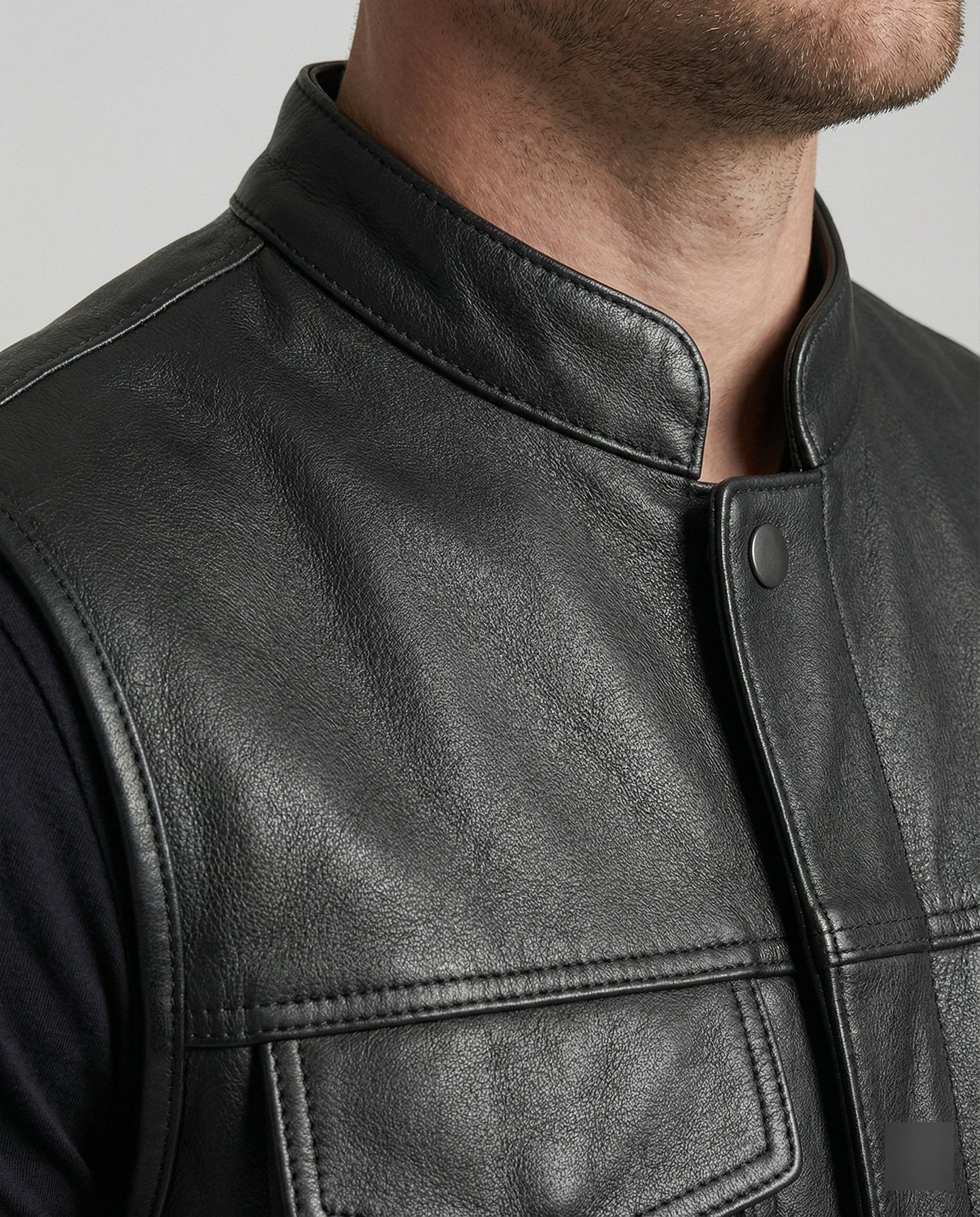 Leder Bikerweste Herren mit Seiten Taschen Schwarz