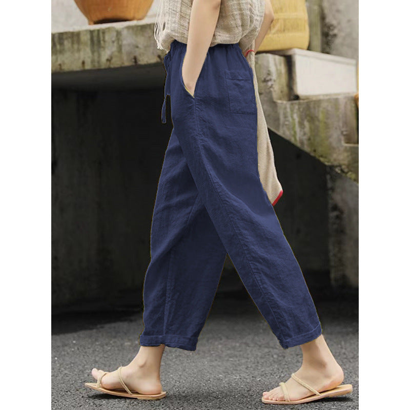 Damen Leinenhose Bequem Elastisch Mit Taschen