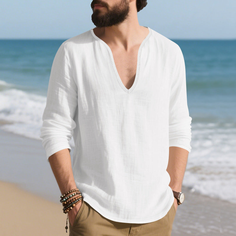 Herren Langarmshirt V-Ausschnitt Baumwoll Modern