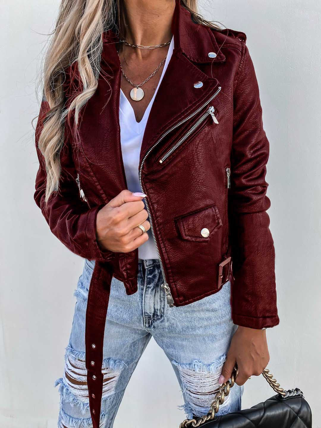 Kurzer Lederjacke Reißverschluss Ledermantel Damen