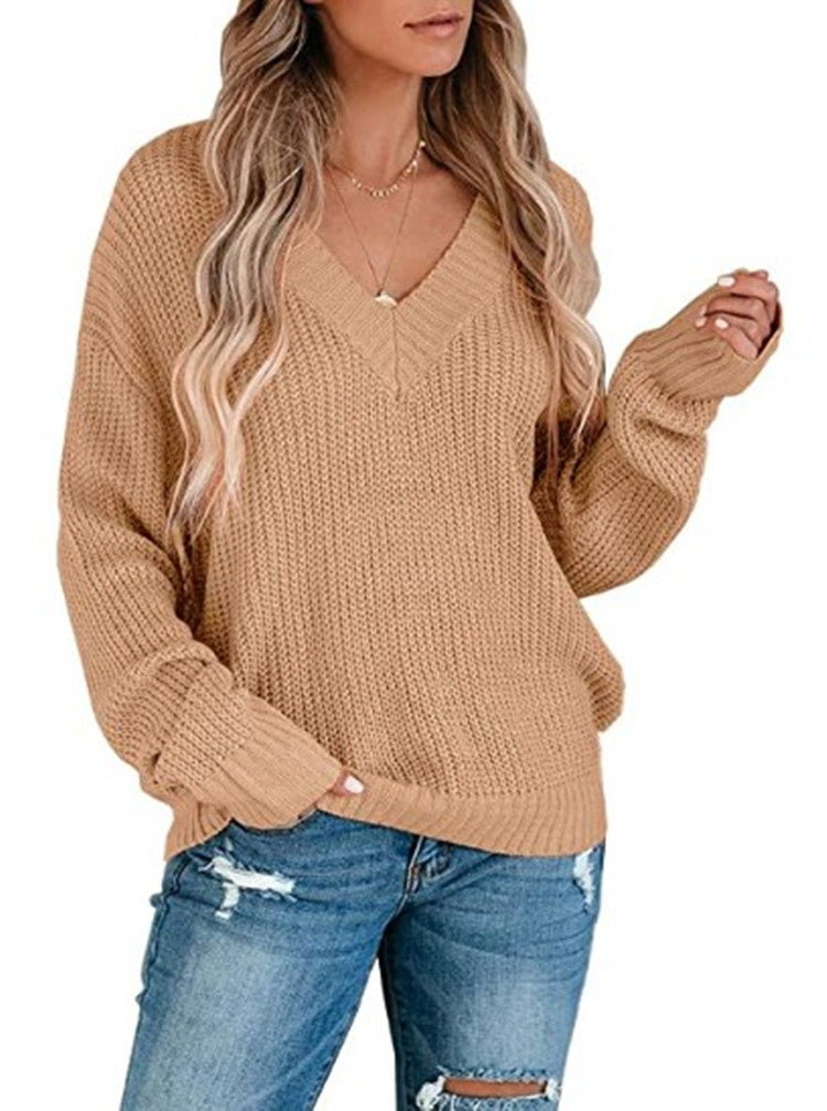 Damen Pullover Feinstrick V-Ausschnitt Lässig Elegant