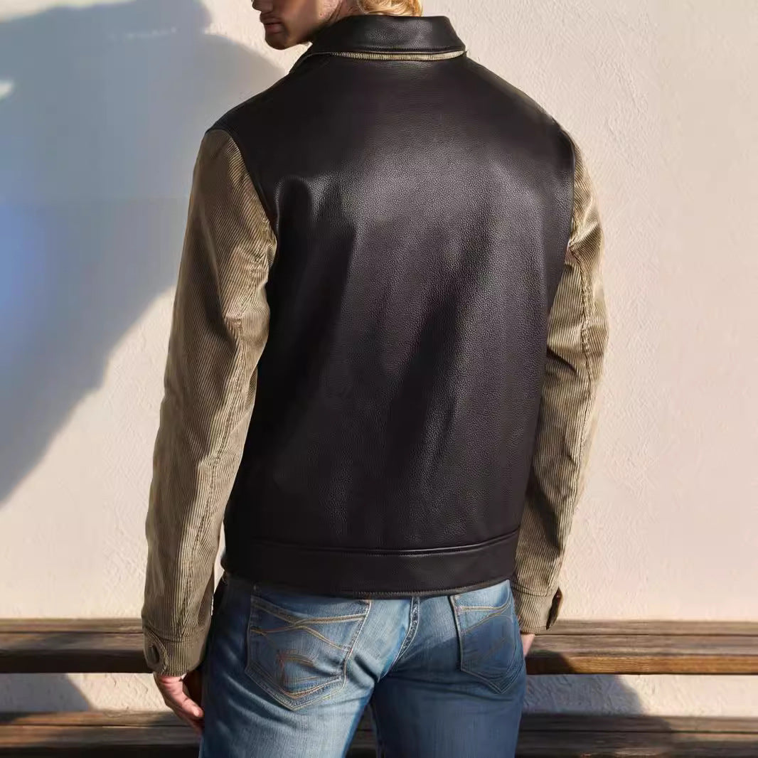 Herren Lederjacke Leder Schwarz mit Cord Ärmeln