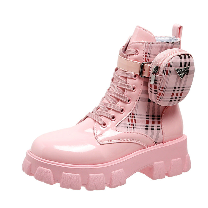 Damen Stiefel Schnürstiefel mit Seitentasche Blockabsatz