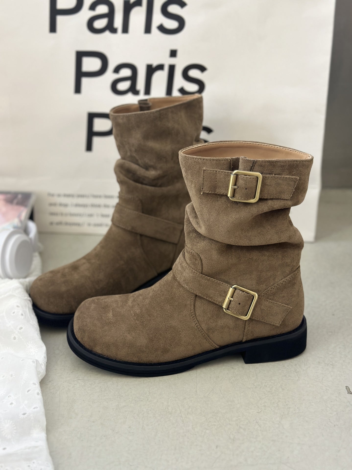 Damen Stiefel Elegant Riemen Braun Lederoptik