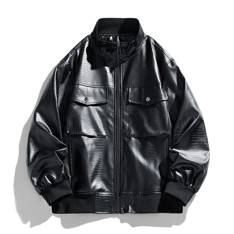 Herren Lederjacke Modern mit Ledertaschen Schwarz Glamour
