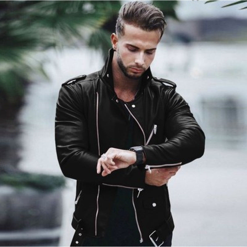 Herren Lederjacke Bikerstil Asymmetrisch Robust