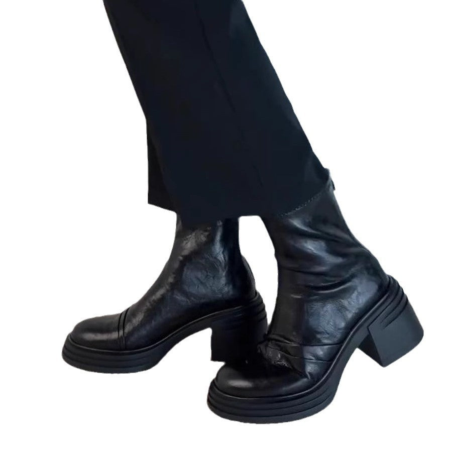 Damen Stiefeletten Leder Blockabsatz Schuhe Frauen Trend