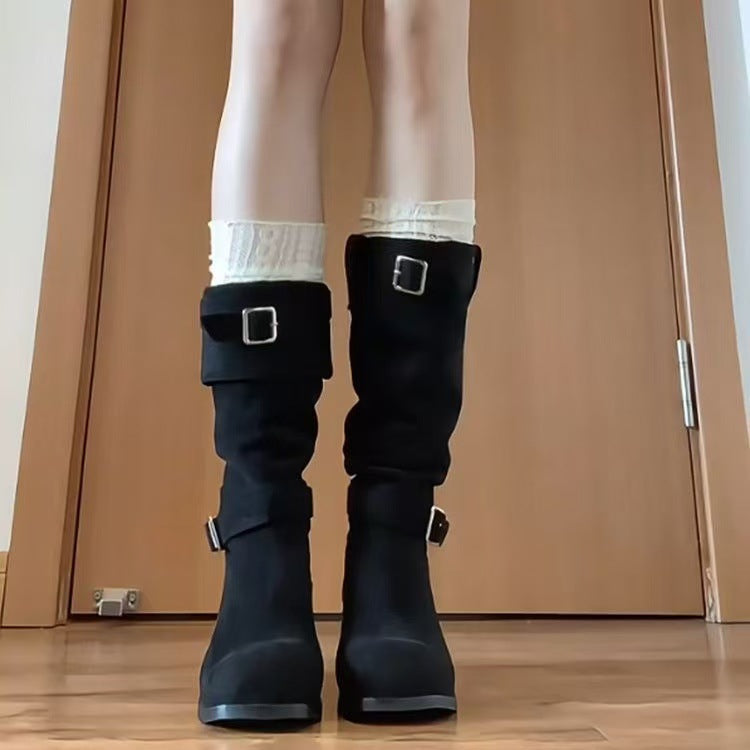 Damen Stiefel Elegante Blockabsatz Schnallenverschluss Schwarz