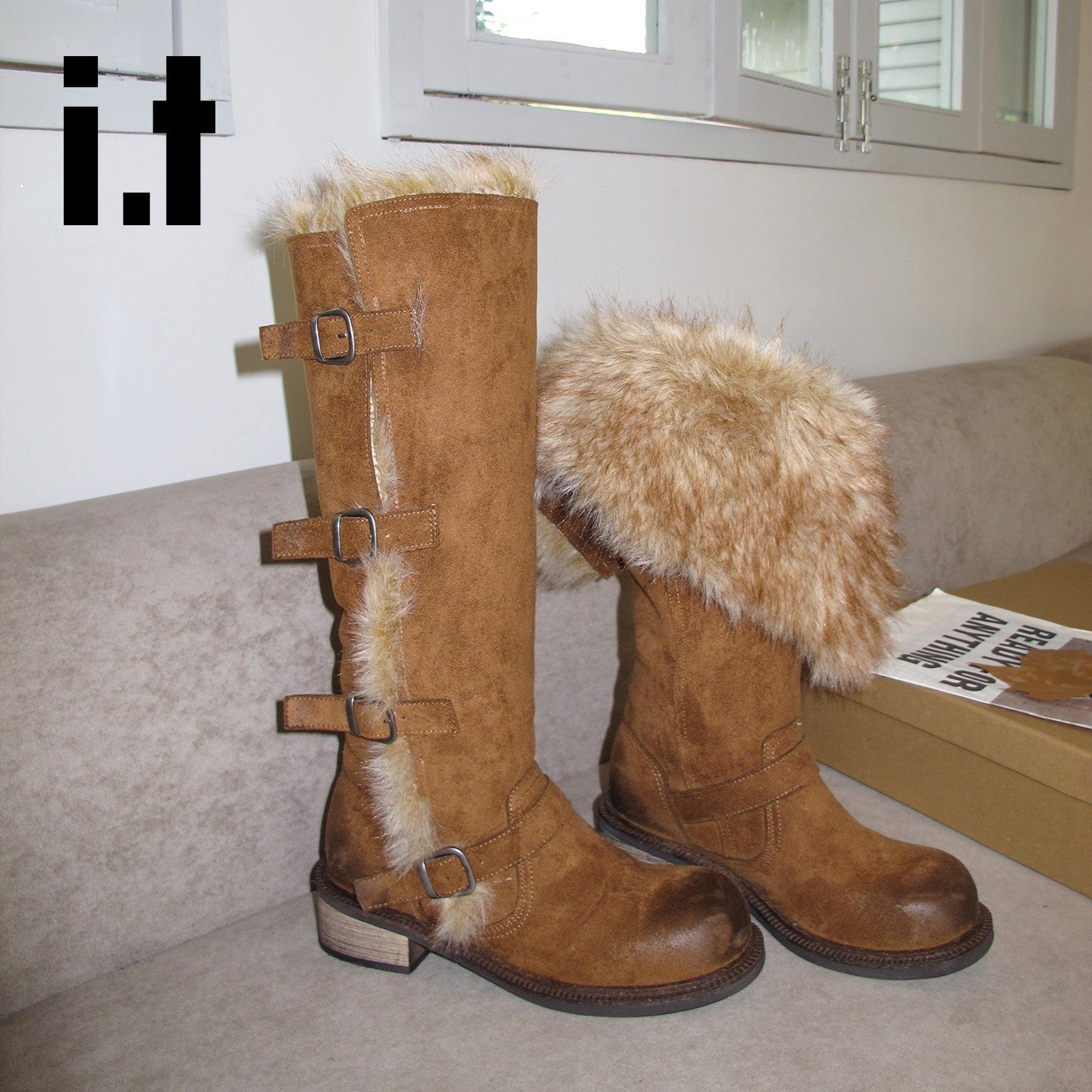 Damen Winterstiefel Elegant Kunstfell Schnallen Warm