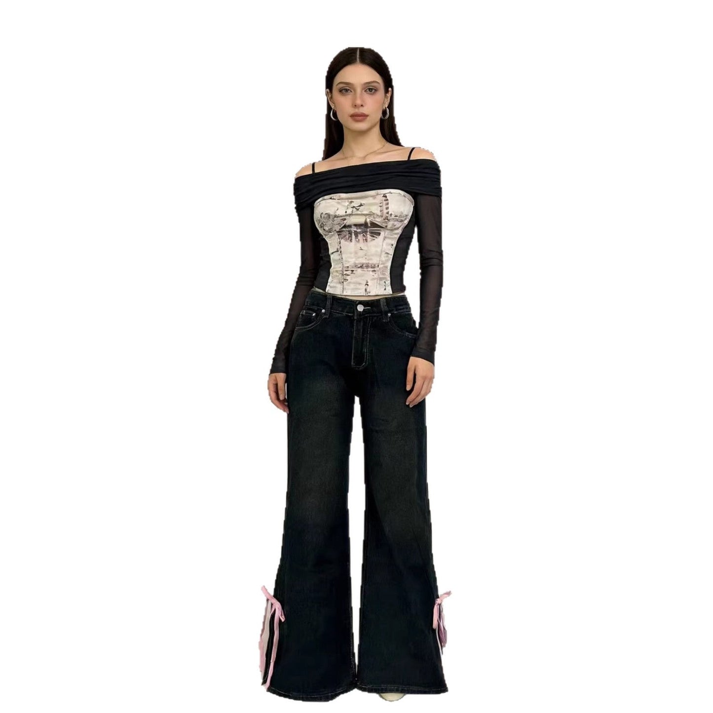 Damen Jeans Weite Bein Schnürung Dekorativ