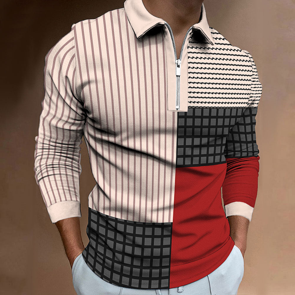 Herren Polohemd Langarm Modern Patchwork Style