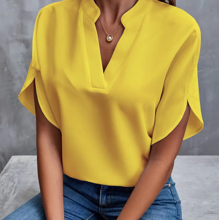 Damen Kurzarm-Shirt V-Ausschnitt Elegант