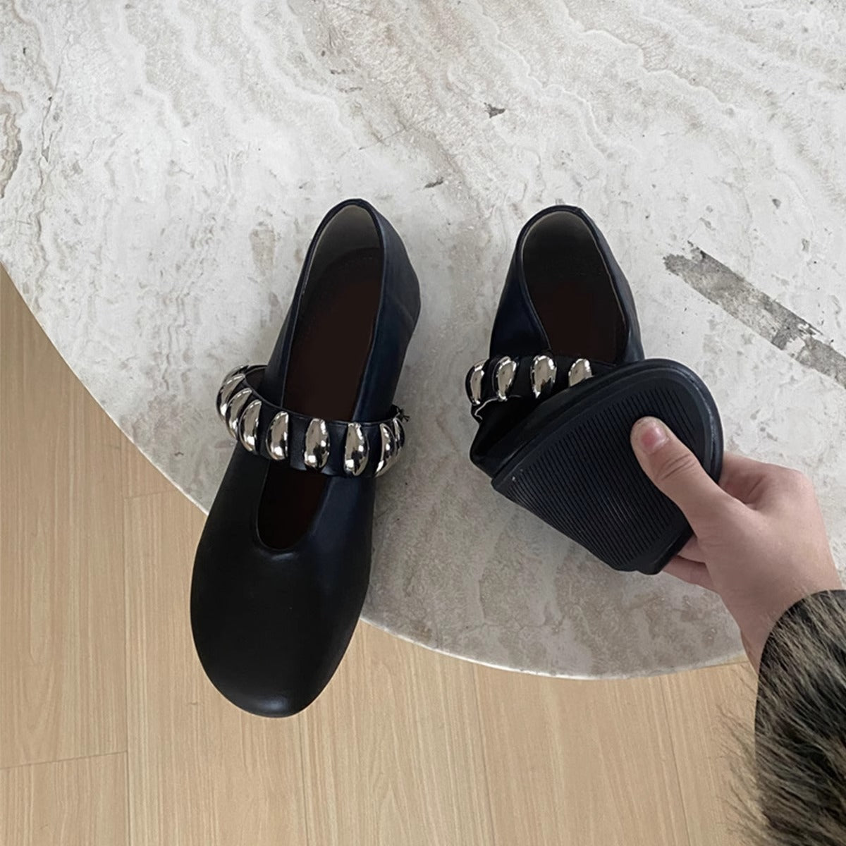 Damen Mokassins Elegant mit Metall-Kettenriemen Schwarz