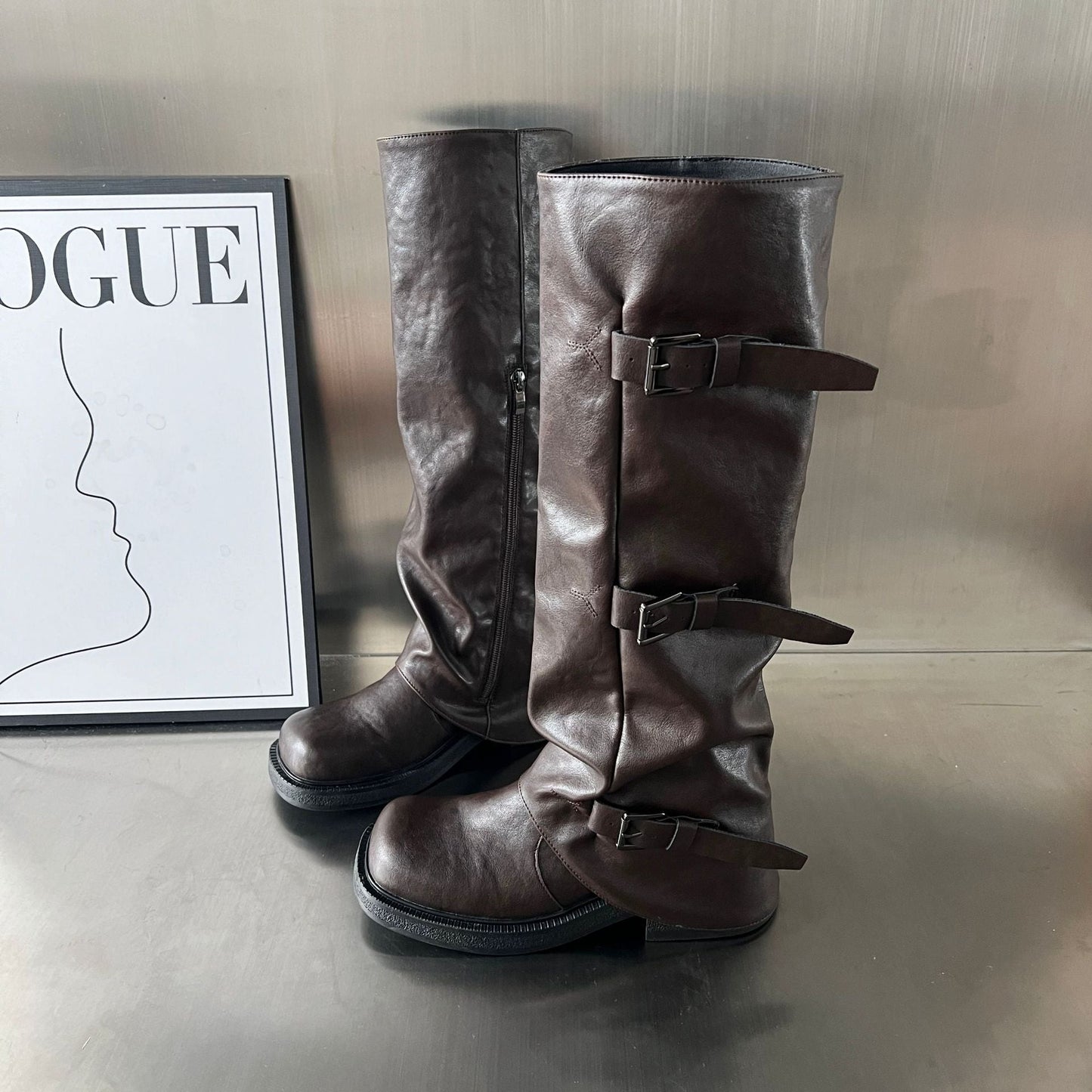 Damen Stiefel Robust mit verstellbaren Riemen Schwarz