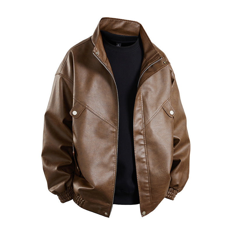 Herren Lederjacke Lässig Schwarzes Kunstleder Mit Taschen