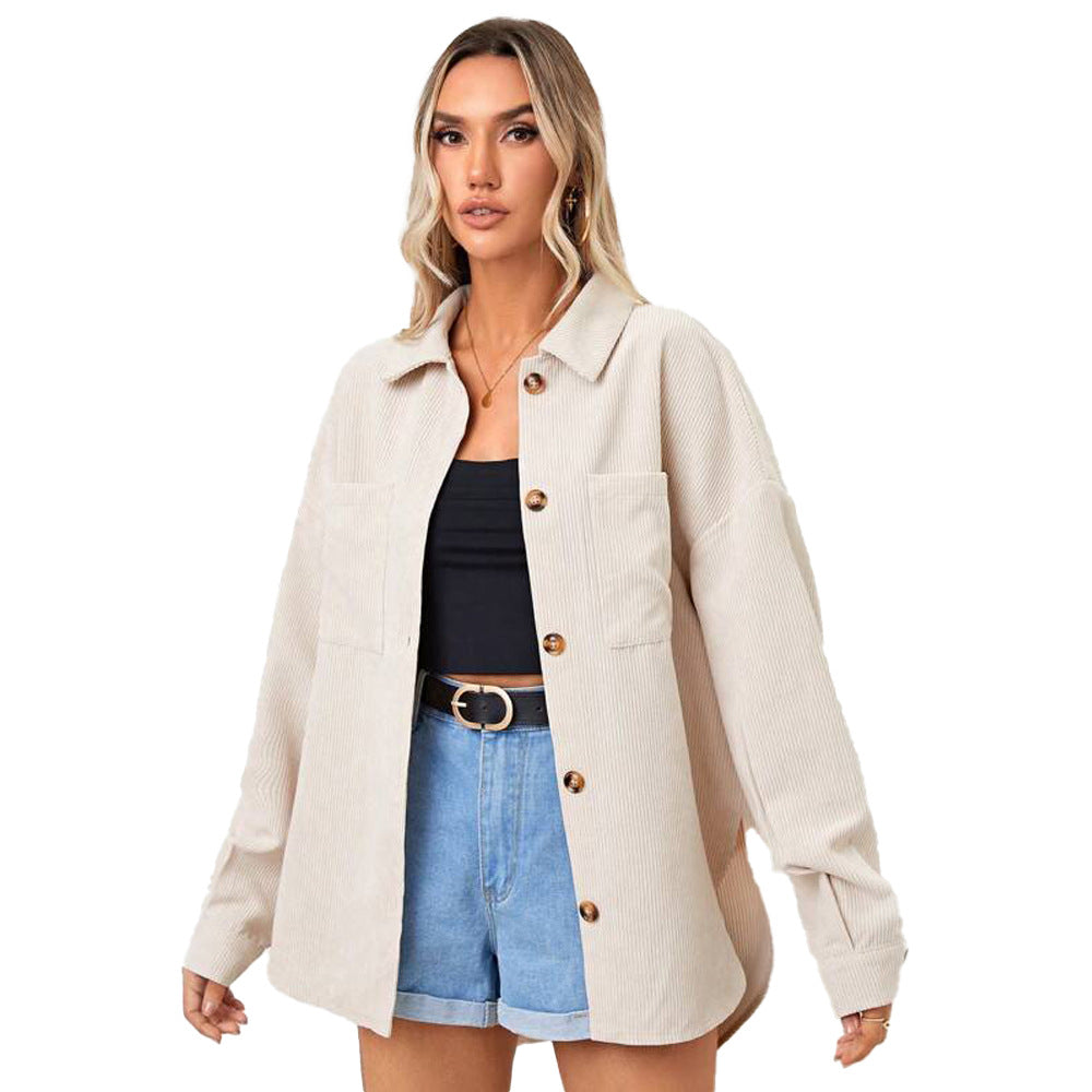 Damen Cordjacke Oversize Lässig Knöpfbär