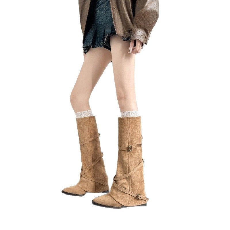 Damen Stiefel Hoch Modisch Schnallenverschluss Schwarz