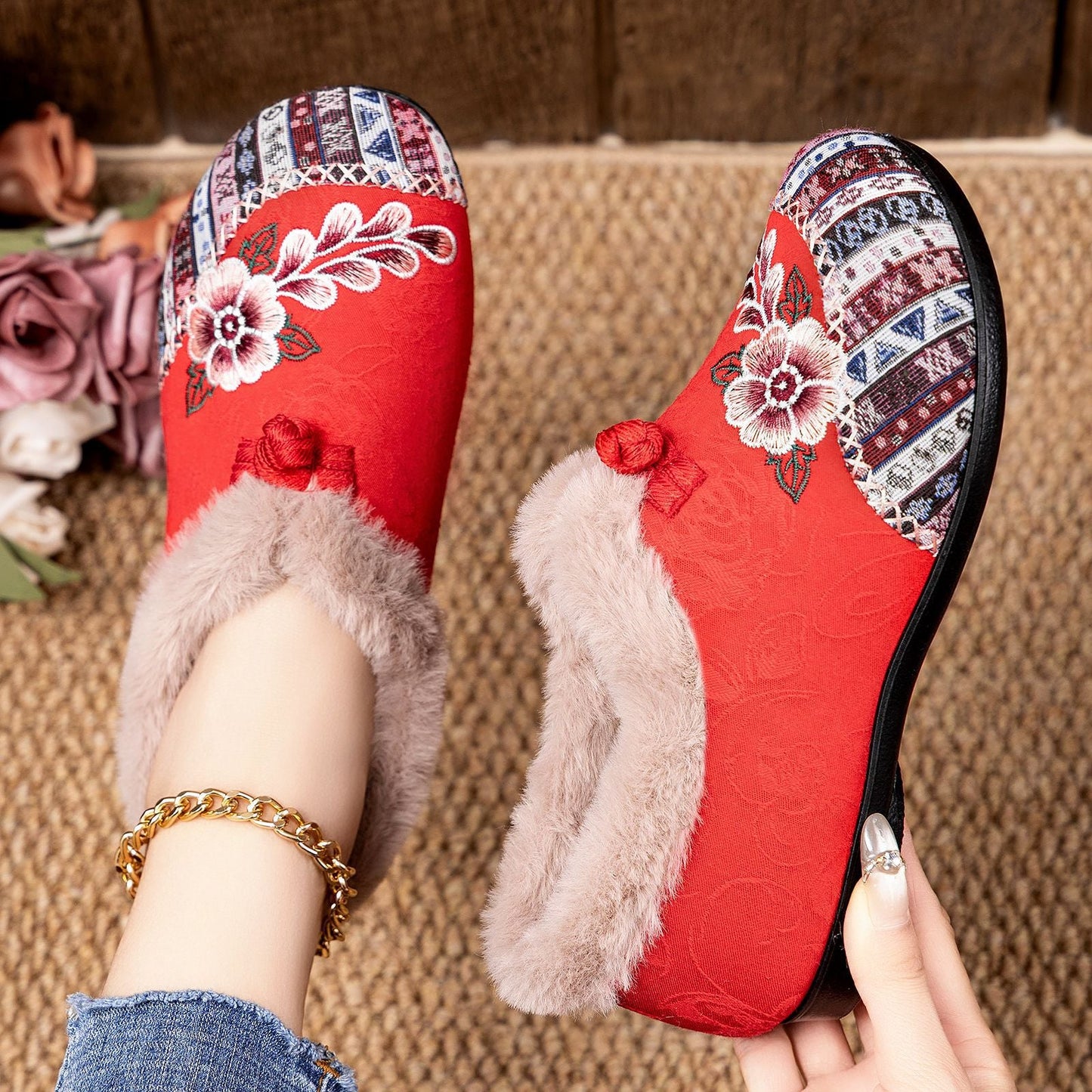 Damen Hausschuhe Flauschig Warm Stickerei