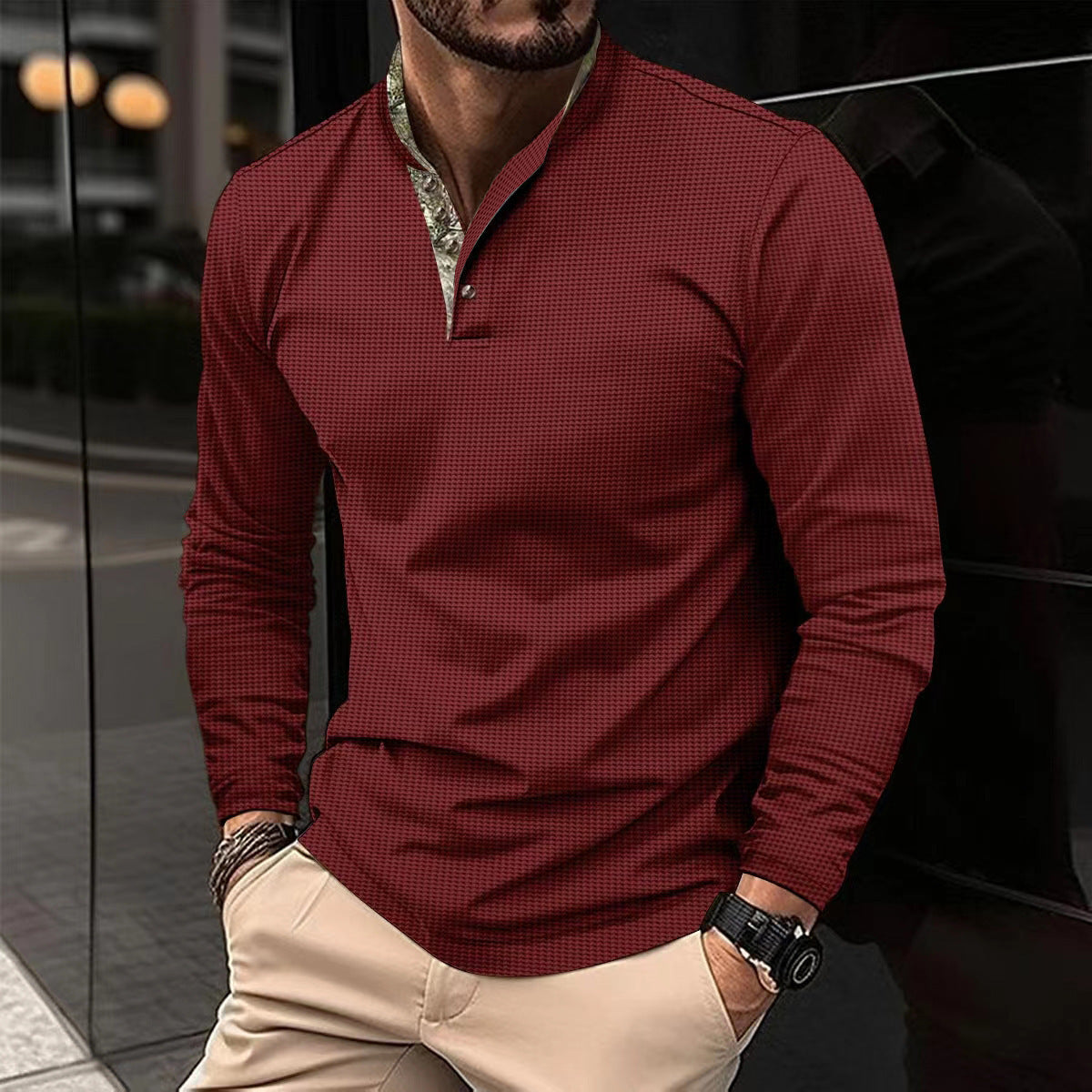 Herren Hemd Langarm Stehkragen Karomuster Elegant