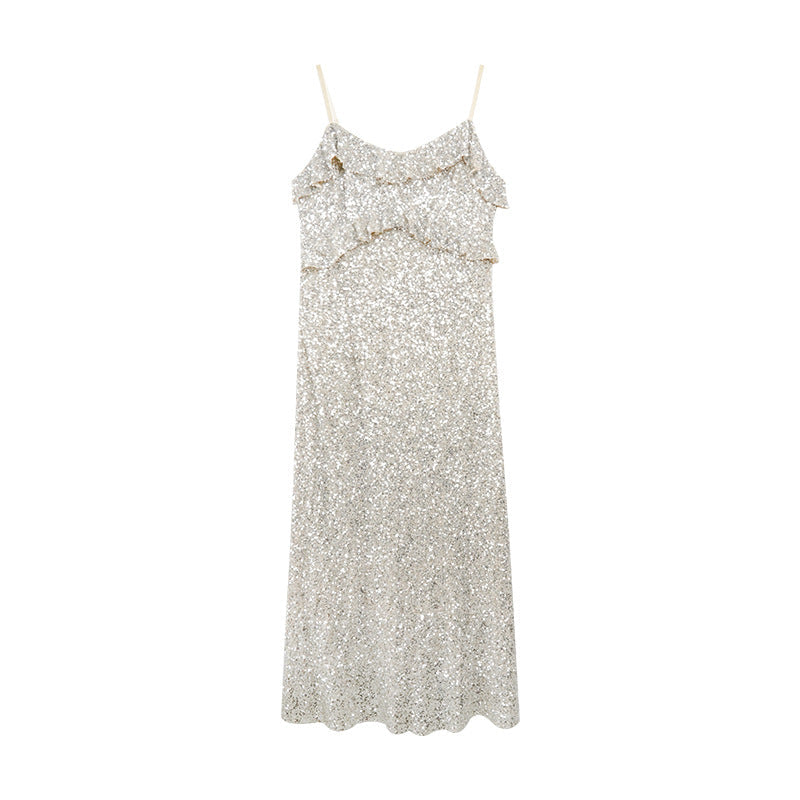Ärmelloses Rüschenkleid Glitzernd Partykleid Damen