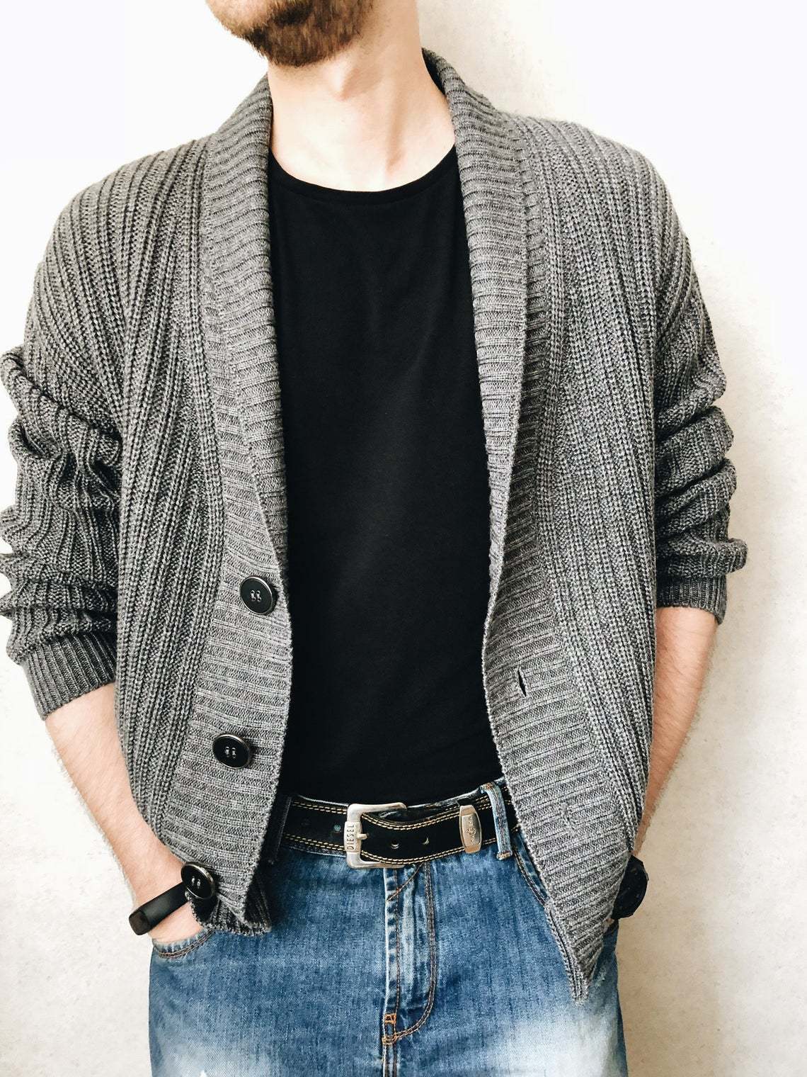 Herren Strickjacke Modern Großer Kragen Elegant