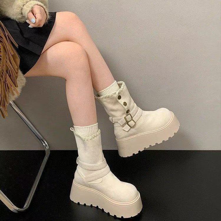Damen Stiefeletten PlateauSchuhe mit Schnallen Detail Schwarz