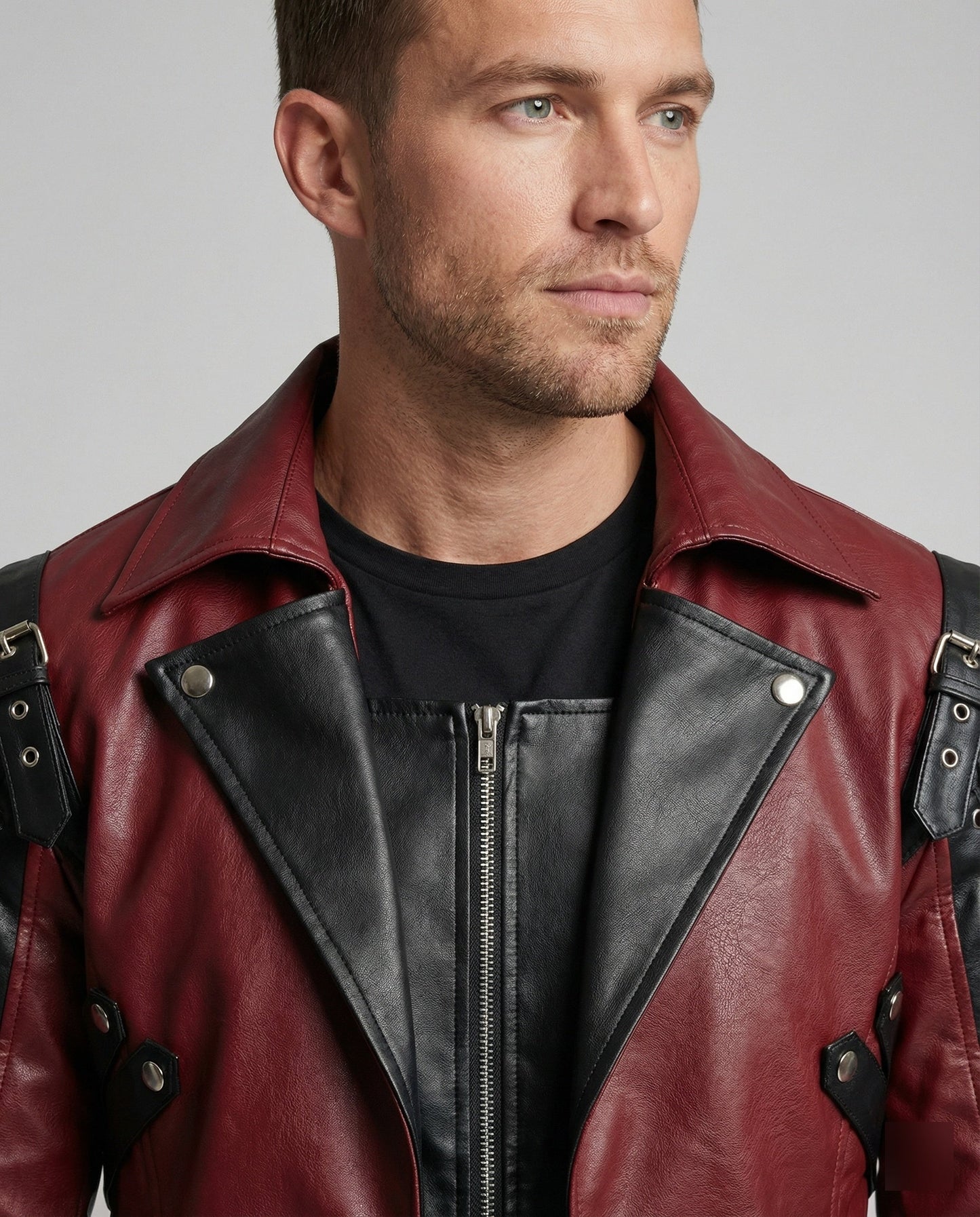 Herren Ledermantel Asymmetrisch Reißverschluss Schwarz