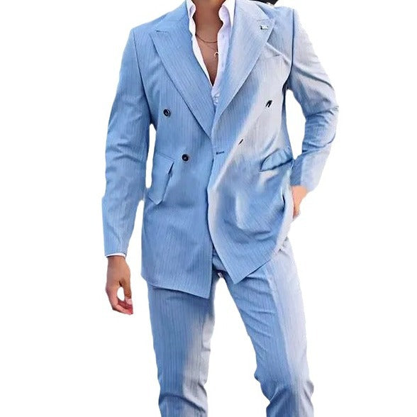 Herren Anzug Doppelreiher Streifenmuster Elegant Schwarz