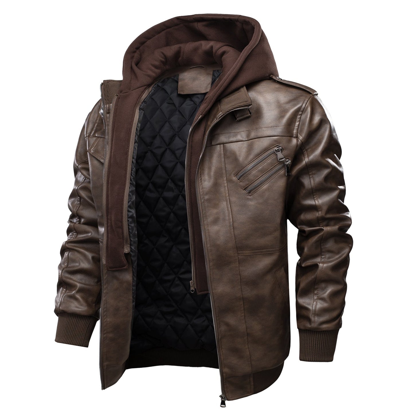Lederjacke Herren Modern mit Kapuze Schwarz