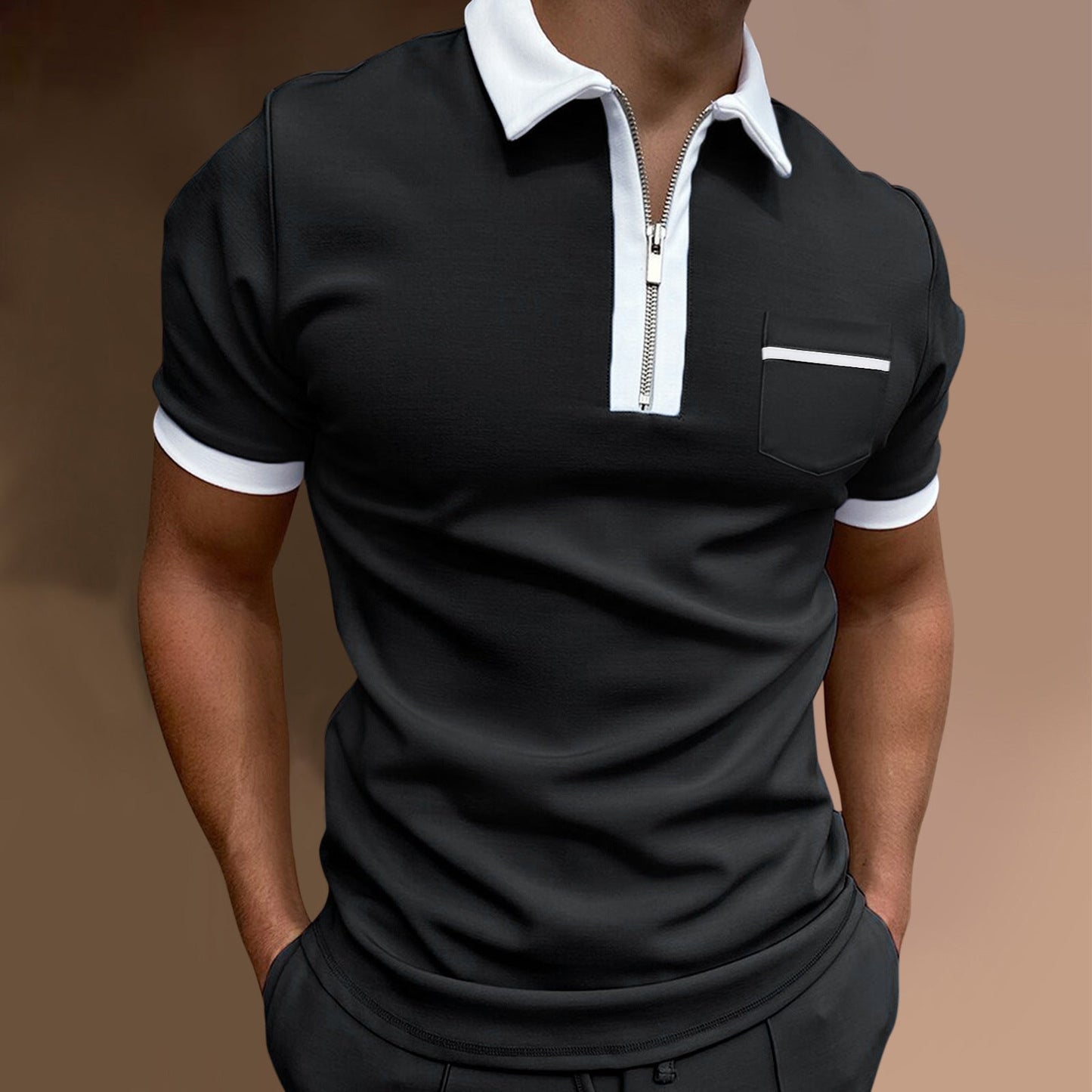 Herren Polohemd Reißverschluss Brusttasche Modern Sportlich