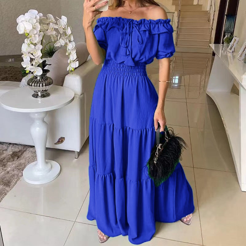 Damen Maxikleid Schulterfrei Rüschenkleid Sommer