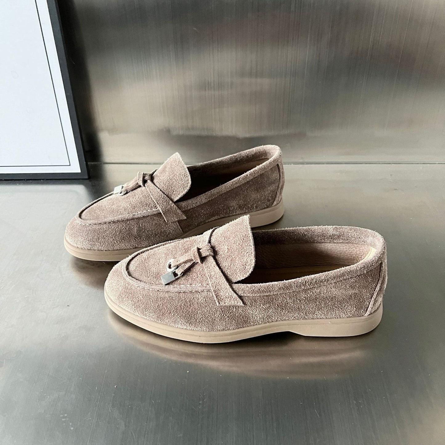 Damen Mokassins Weichleder Elegant Schleife Schwarz