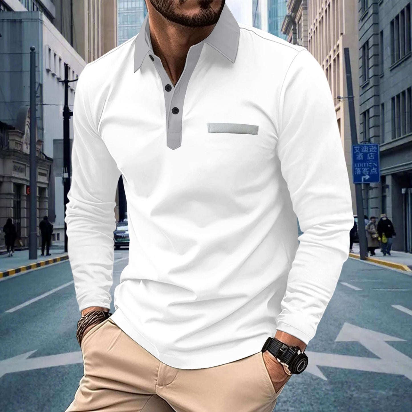 Herren Poloshirt Langarm Elegantes Design Kontrastkragen
