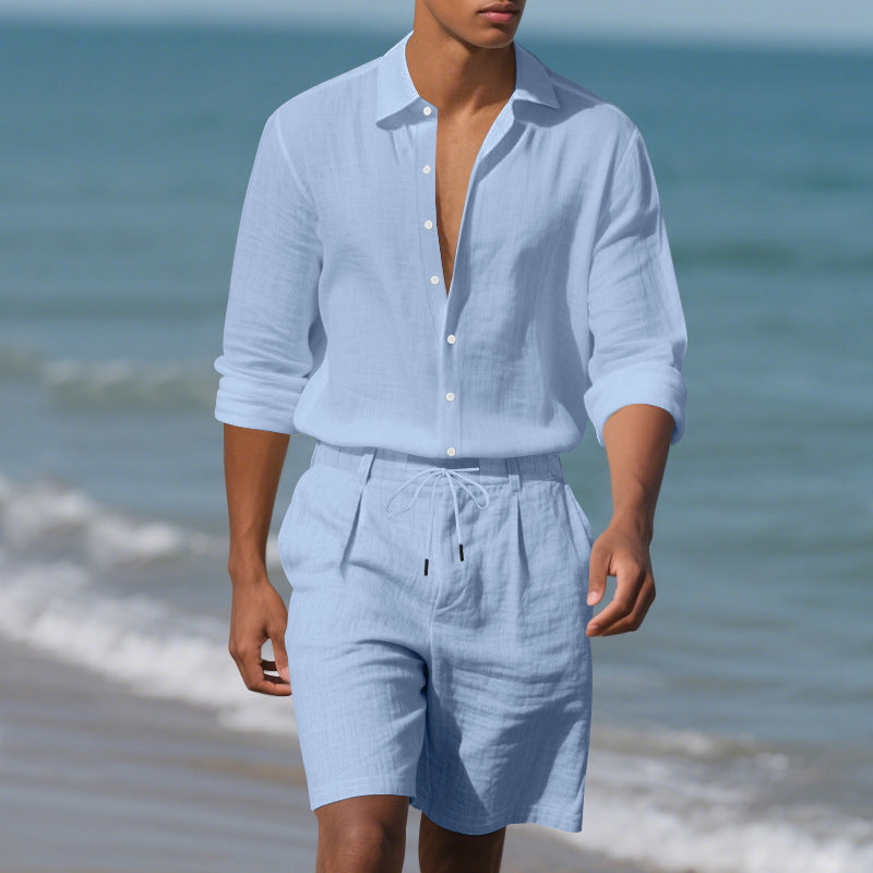 Herren Leinenhemd mit Henley Kragen und Brusttasche Sommer