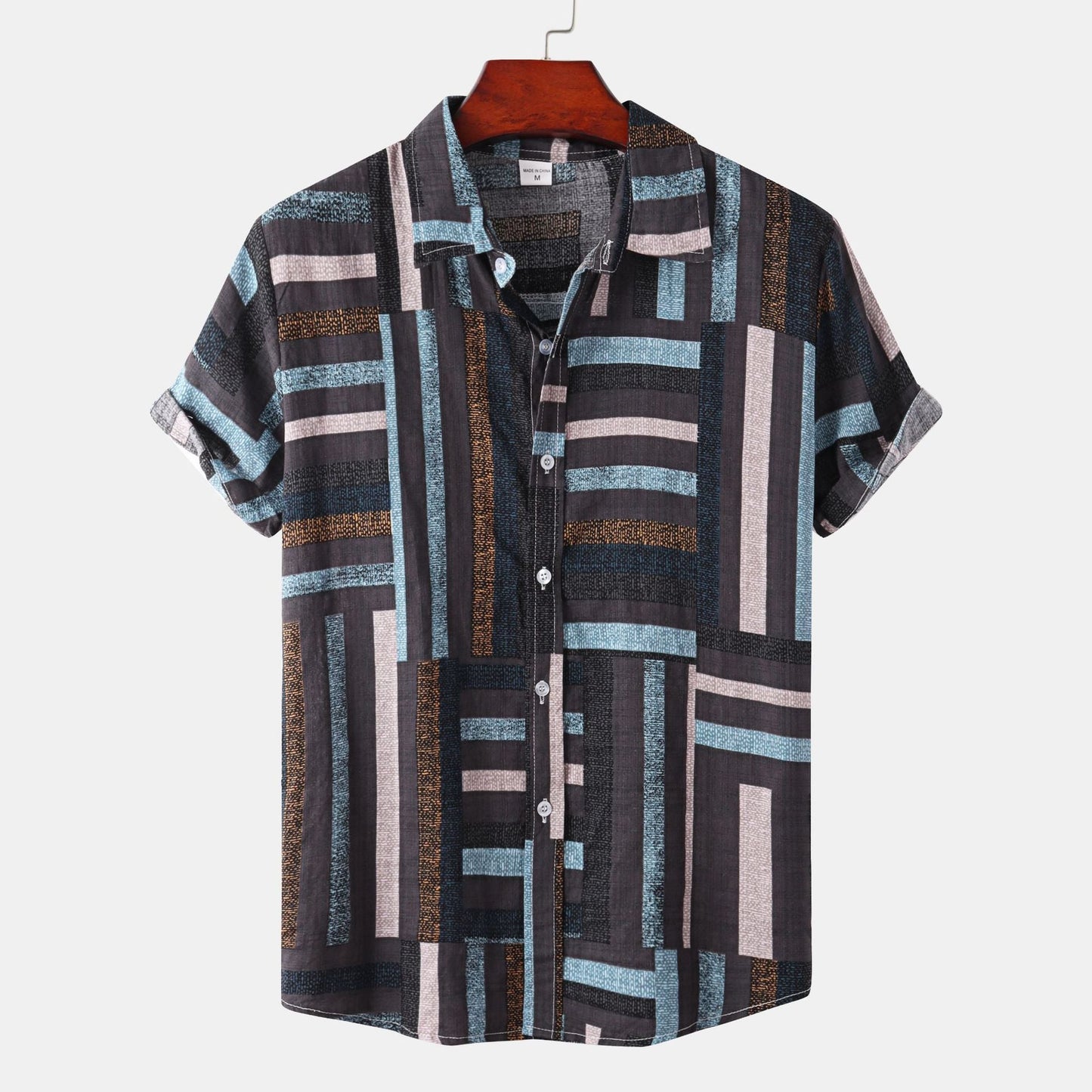Herren Kurzarmhemd mit Patchwork-Muster Locker Sitz