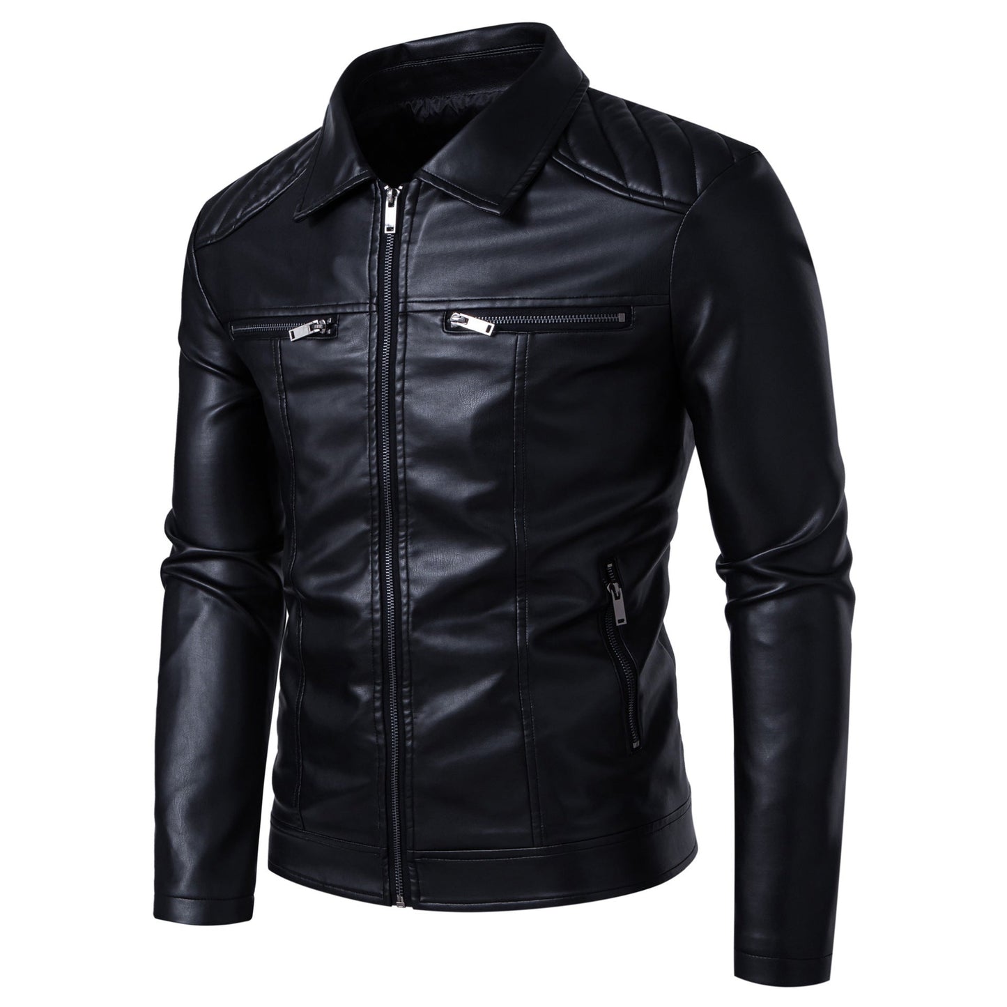 Herren Lederjacke Bikerstyle Schwarz Kunstleder