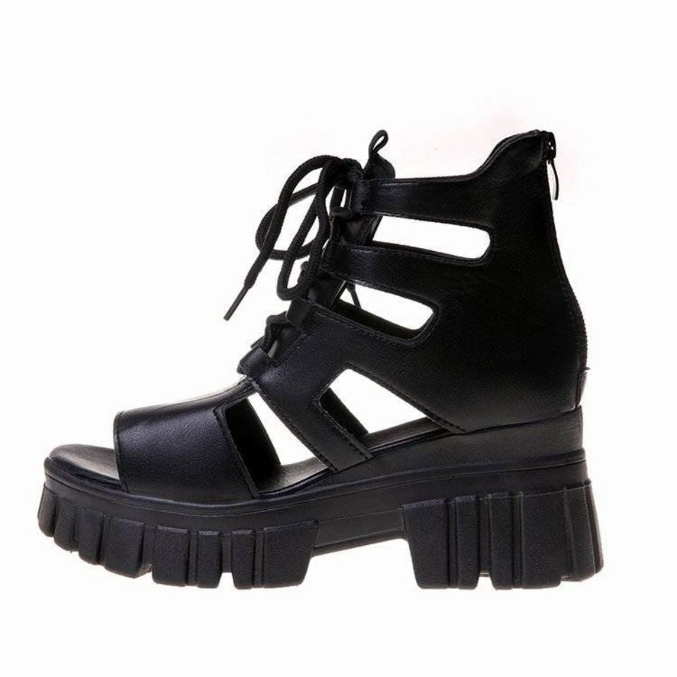 Damen Blockabsatz Sandalen Hochfrontig Schnürsenkel Robust