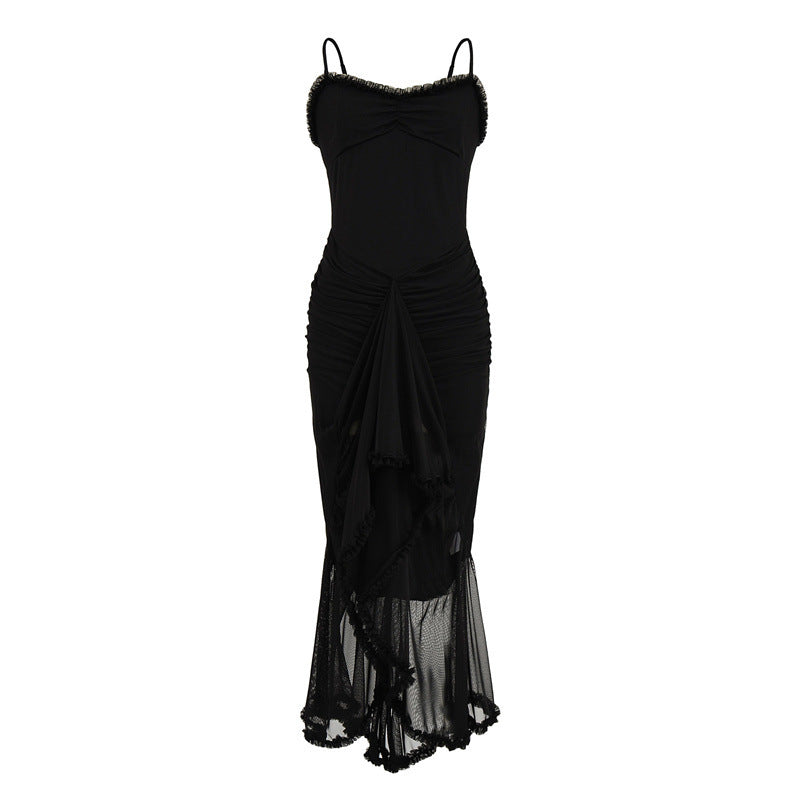 BerlinGlamour Trägerkleid: Asymmetrisches Netzkleid mit Schlitz