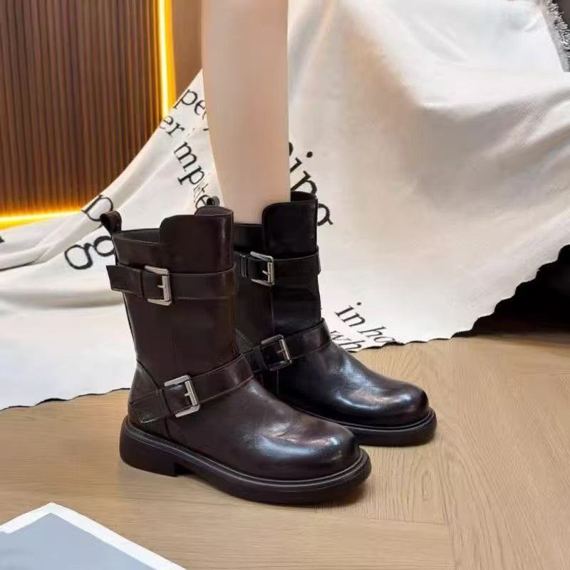 Damen Stiefel Schnürstiefel mit Schnallen Design Robust