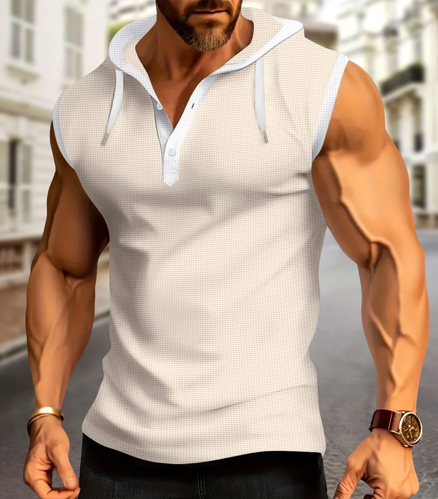 Herren Kapuzen-T-Shirt Ärmellos Trendig Knopfleiste Design