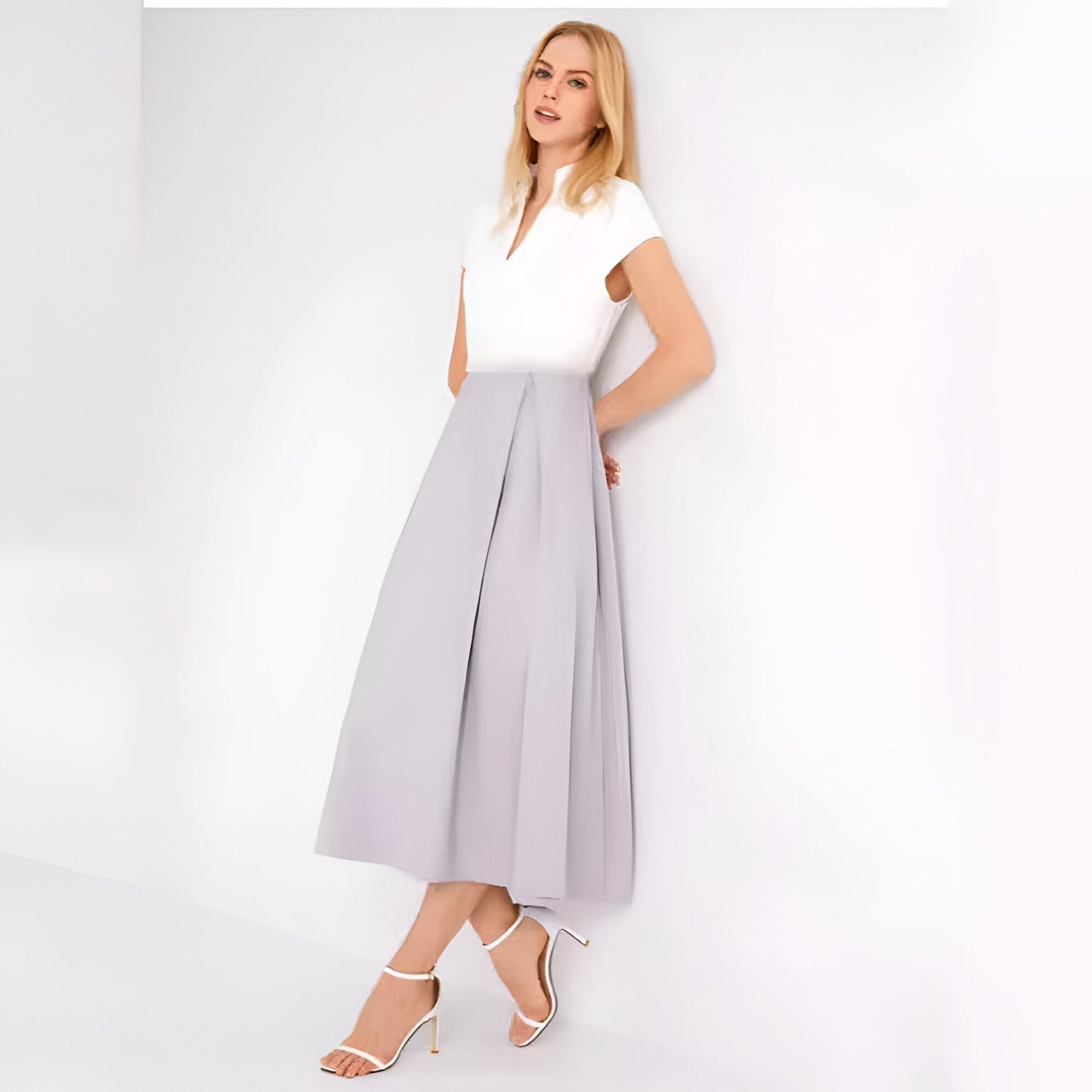 Weißes Sommerkleid V-Ausschnitt Farbblock Damenkleid