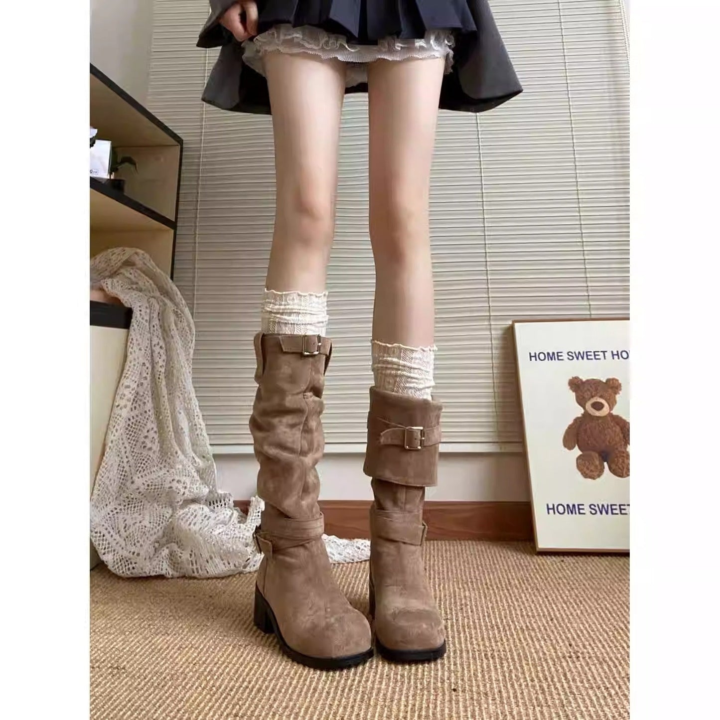 Damen Stiefel Hoch Schnallen Detail Modisch Schwarz