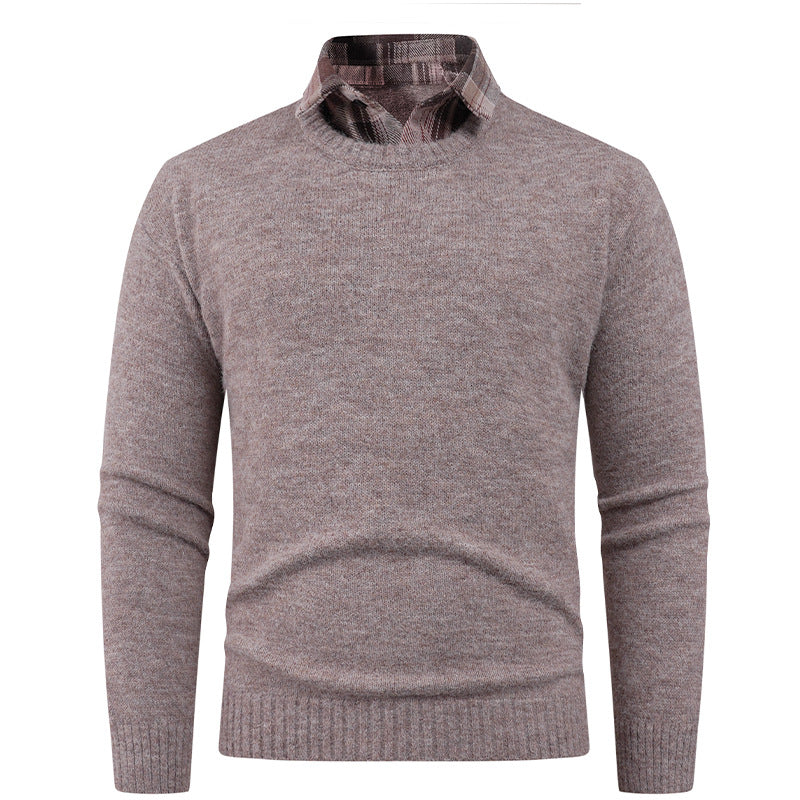 Herren Pullover Rundhals Fein mit Hemdkragen Modern