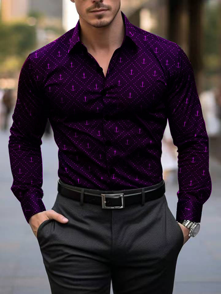 Herren Langarmhemd Maritim Anker Motiv Modern