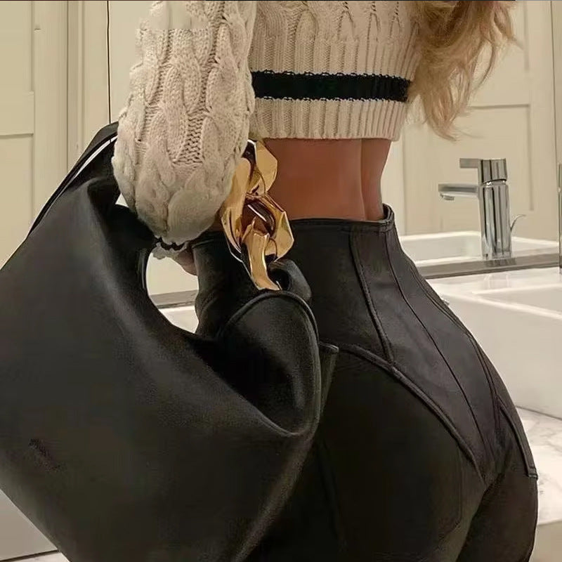 Damen Hose Hochgeschnitten Kunstleder Schwarz
