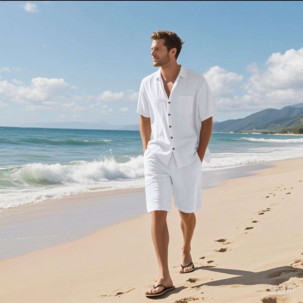 Herren Strandoutfit Leichtes Hemd Shorts Set Sommer