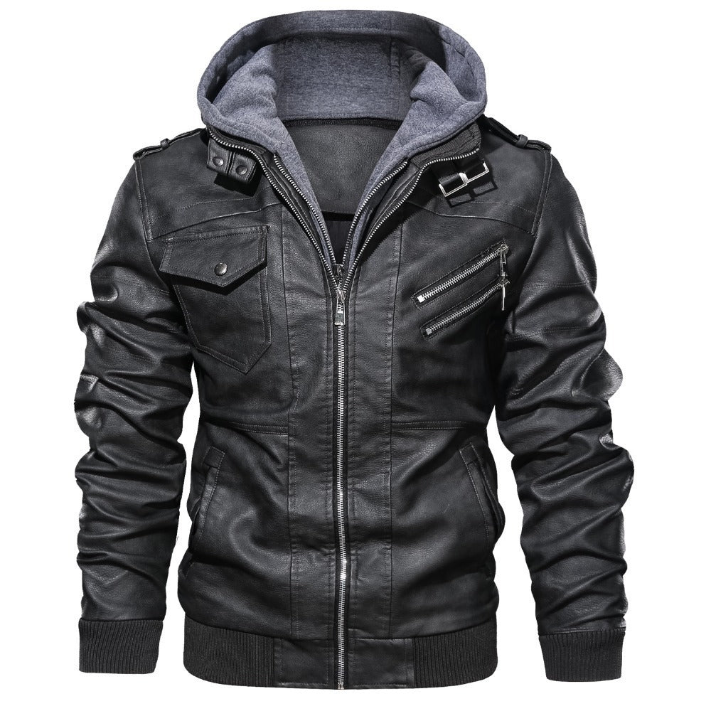 Herren Lederjacke Lässig Mit Abnehmbarem Kapuzenfutter