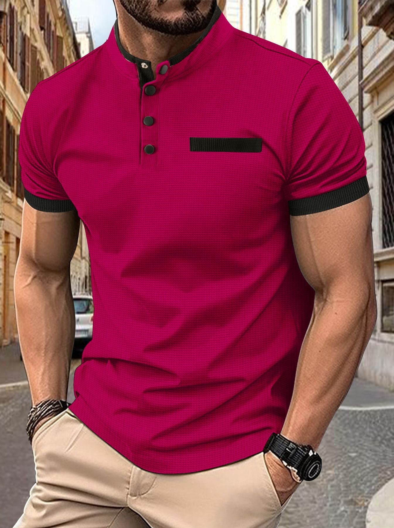 Herren Poloshirt Modern Stehkragen Kontrastdetails Slimfit