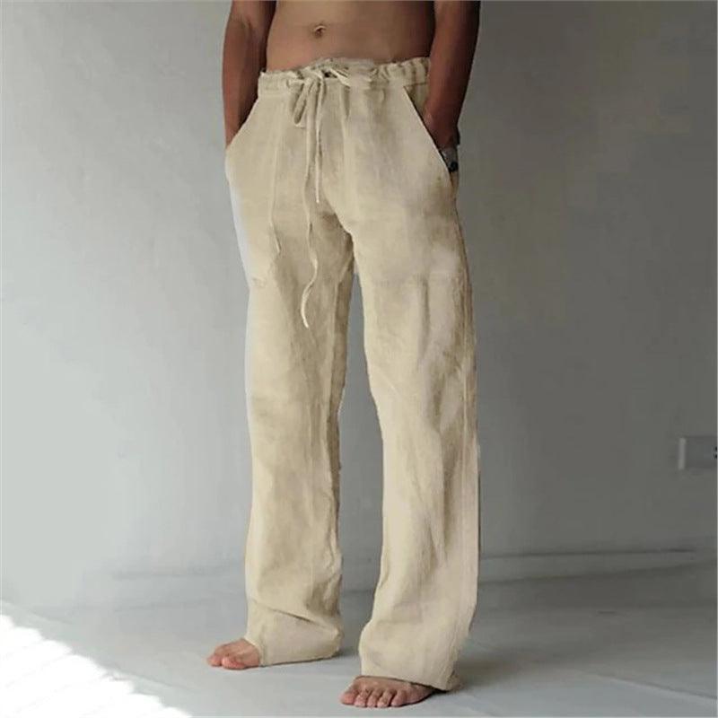 Herren Leinenhose Bequem mit Verstellbarem Bund und Seiten-Taschen
